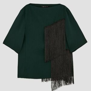 💖 2/$30 NWT Zara boho Fringe boxy dark green blouse top art to wear size XS